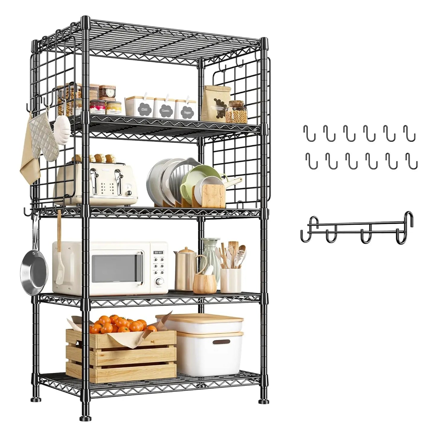 5 Tier Metal Shelving with Side Hanging Net Hooks, Adjustable Storage Shelves,530LBS Wire Shelving for Kitchen,Customized