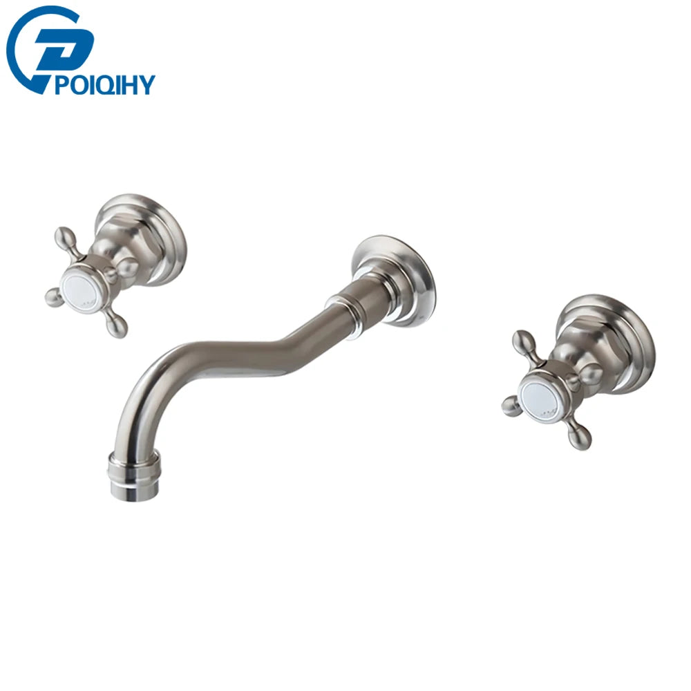 POIQIHY Antique Brass Bathtub Mixer Taps 3 pcs Basin Faucet Dual Handles Hot and Cold Tap Wall Mounted Basin Faucet