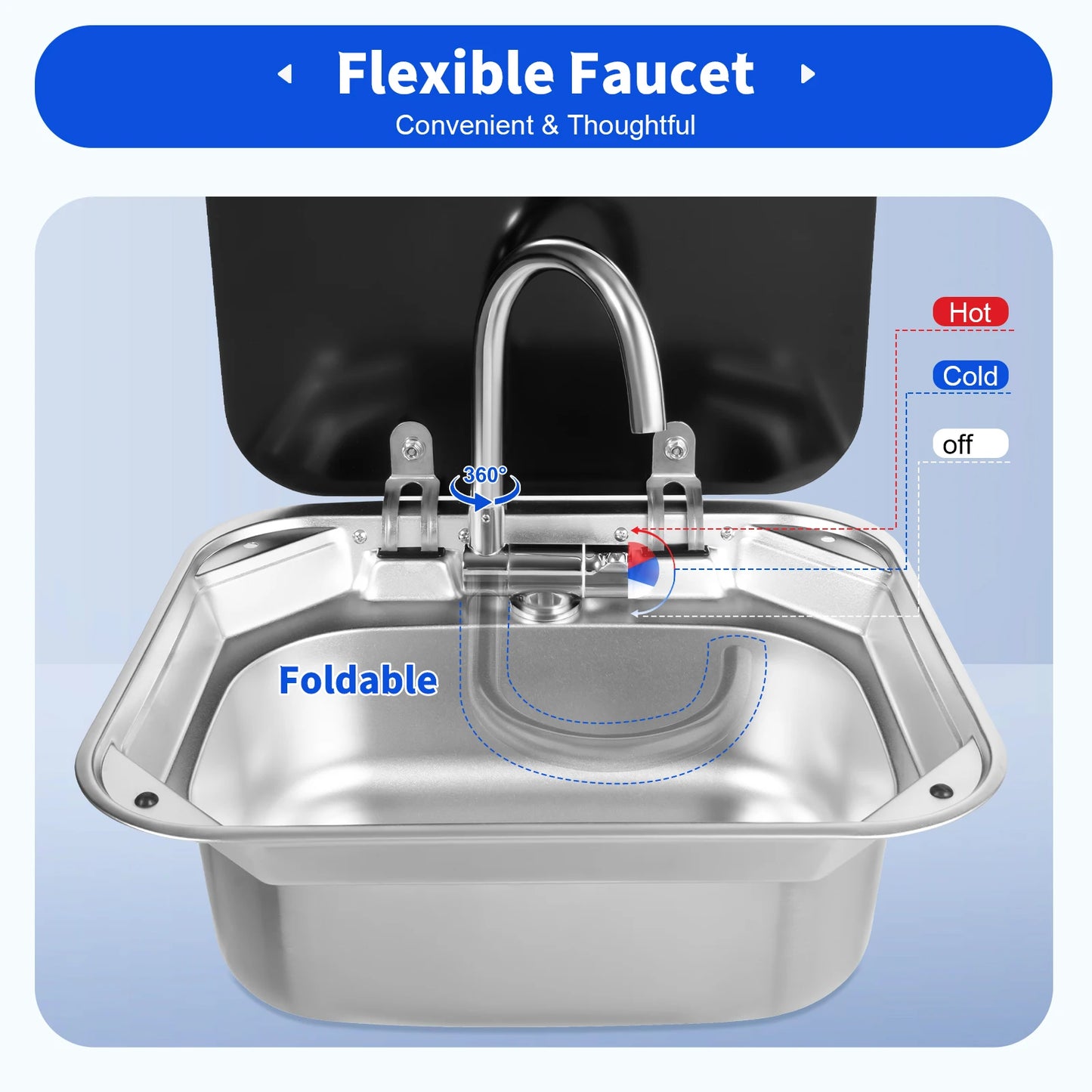 RV Sink with Foldable Tempered Glass Cover&Faucet,Stainless Steel Kitchen Sink Wash Basin Multifunctional Console for Camper Van