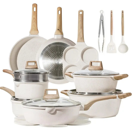 21Pcs Pots and Pans Set, Nonstick Cookware Sets, White Granite Induction Cookware Non Stick Cooking Set w Frying Pans amp Saucep