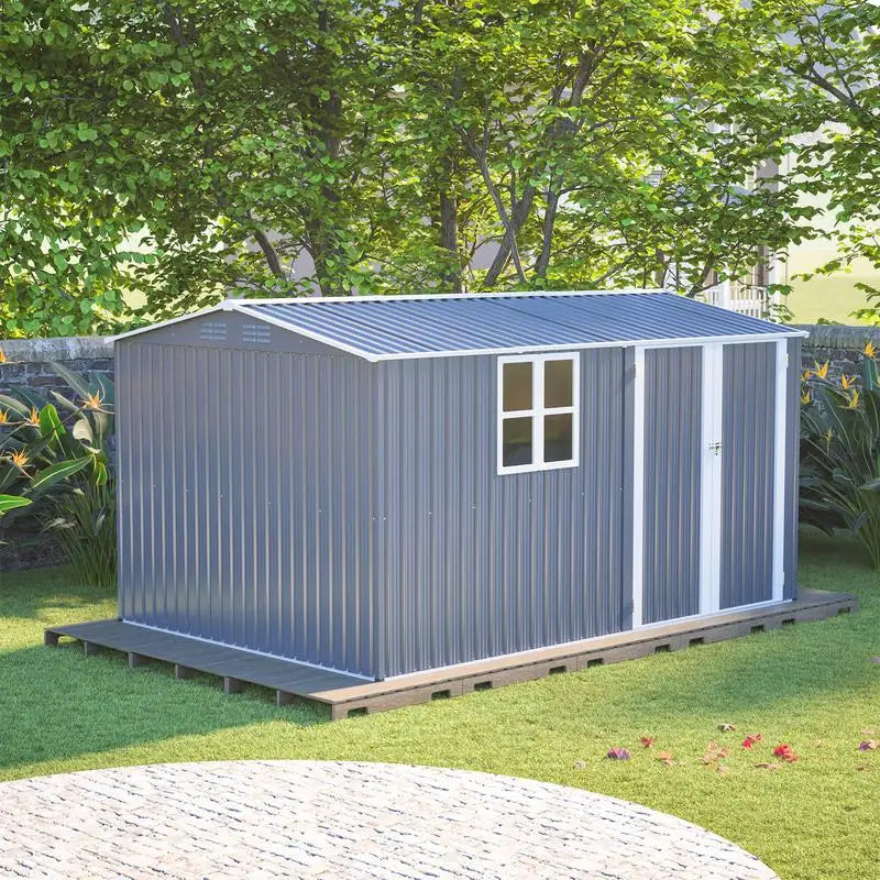 XL Heavy-Duty Steel Storage Shed 8x12 Ft with Window, Hinged Gray Doors & 4 Vents for Backyard, Garden, Patio, Durable &