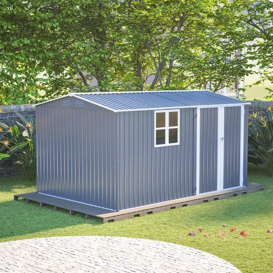 XL Heavy-Duty Steel Storage Shed 8x12 Ft with Window, Hinged Gray Doors & 4 Vents for Backyard, Garden, Patio, Durable &