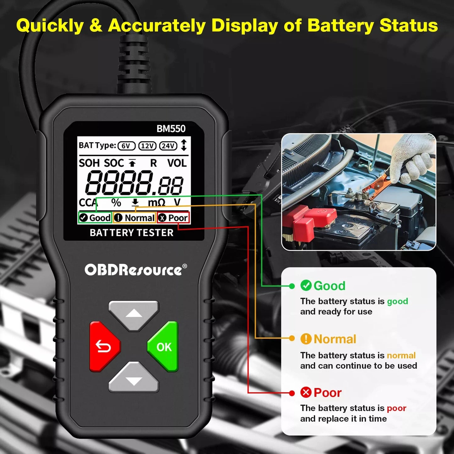 Car Battery Tester 100-2000 CCA Car Battery Tool 6V 12V 24V Car Battery Tester Car Battery Analyzer BM550 Battery Testing Tool