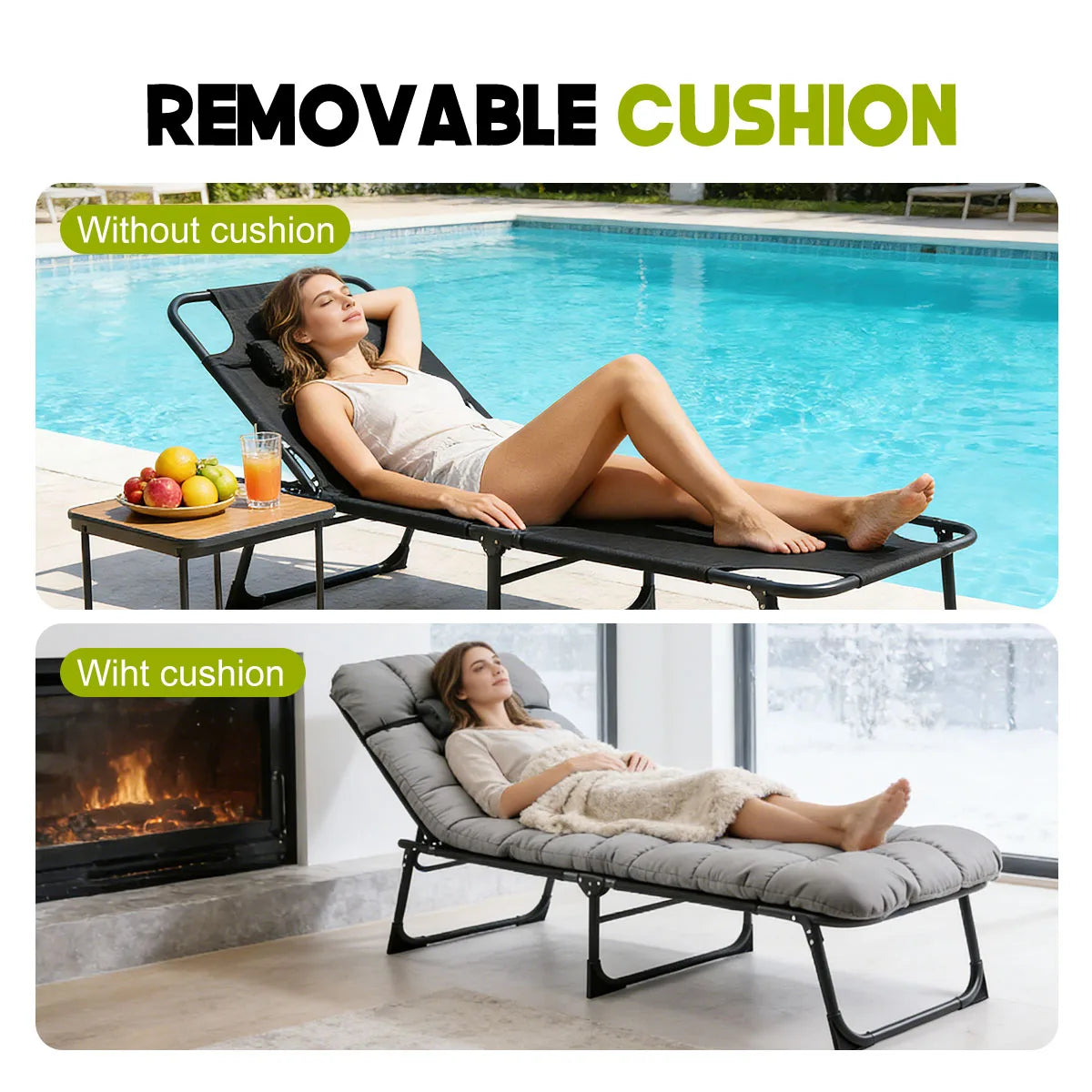 Adjustable Folding Camping Lounge Chair with Removable Soft Cushion, 3 Position Reclining Portable Beach Tanning Chair, Heavy Duty 330 LBS Fold Up Outdoor Chaise Lounge for Pool Patio Office Napping Indoor & Backyard