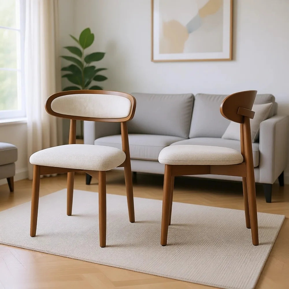 Upholstered Farmhouse Dining Chairs Set of 4, Modern Fabric with Ergonomic Backrest, Solid Wood Legs, Beige