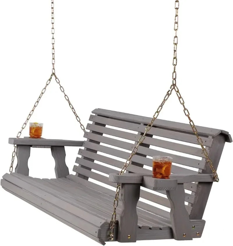 Amish Casual Heavy Duty 700 Lb Capacity Porch Swing with Cup Holders (4 Foot, Cedar Stain) – Wooden Outdoor Roll Back Swing