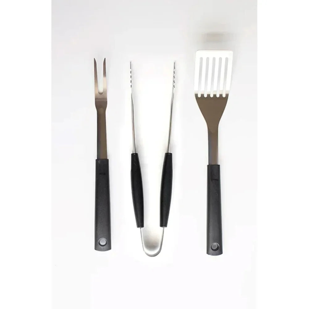 3 Piece Stainless Steel BBQ Grill Set Fork Tongs Spatula Durable Non Slip Handles Perfect Summer Cookouts