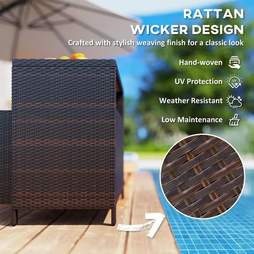 Wicker Outdoor Storage Cabinet, Rattan Bar Table with Acacia Wood Countertop, 2 Doors and Shelf, Buffet Cabinet Sideboard for P