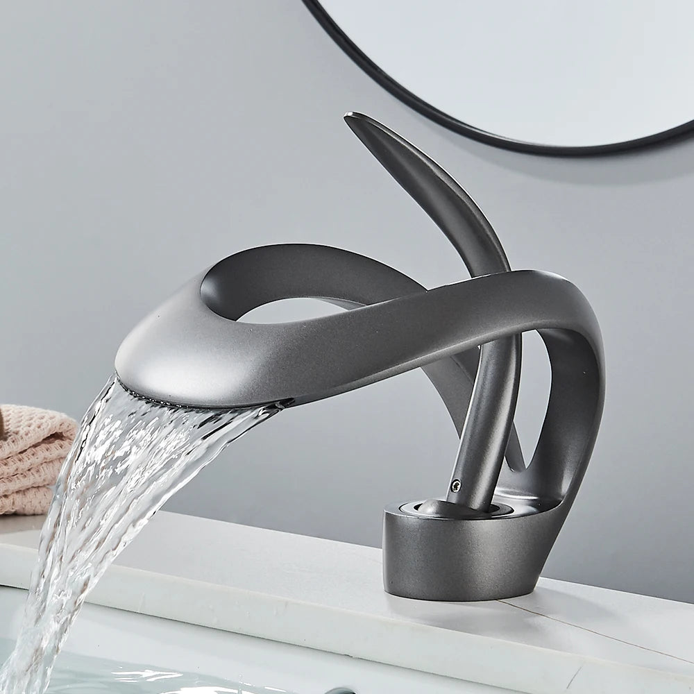 Rozin Luxury Black Basin Faucet Grey Bathroom Waterfall Mixer Tap Brass Deck Mount Modern Style Hot Cold Water Sink Mixer Crane