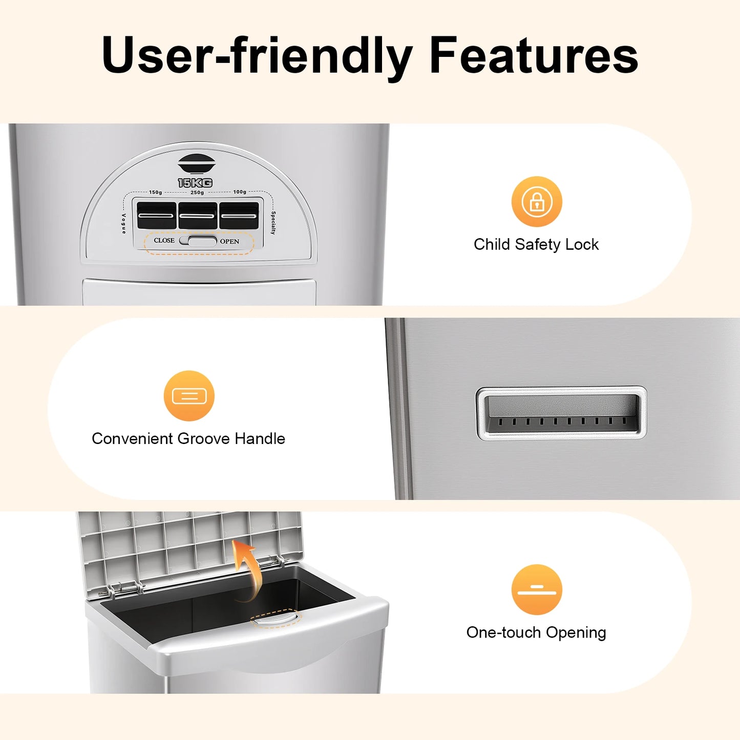 Smart Rice Dispenser 33LBS, One-Touch Grain Storage Container, Airtight Stainless Steel for Kitchen, Home & Restaurant