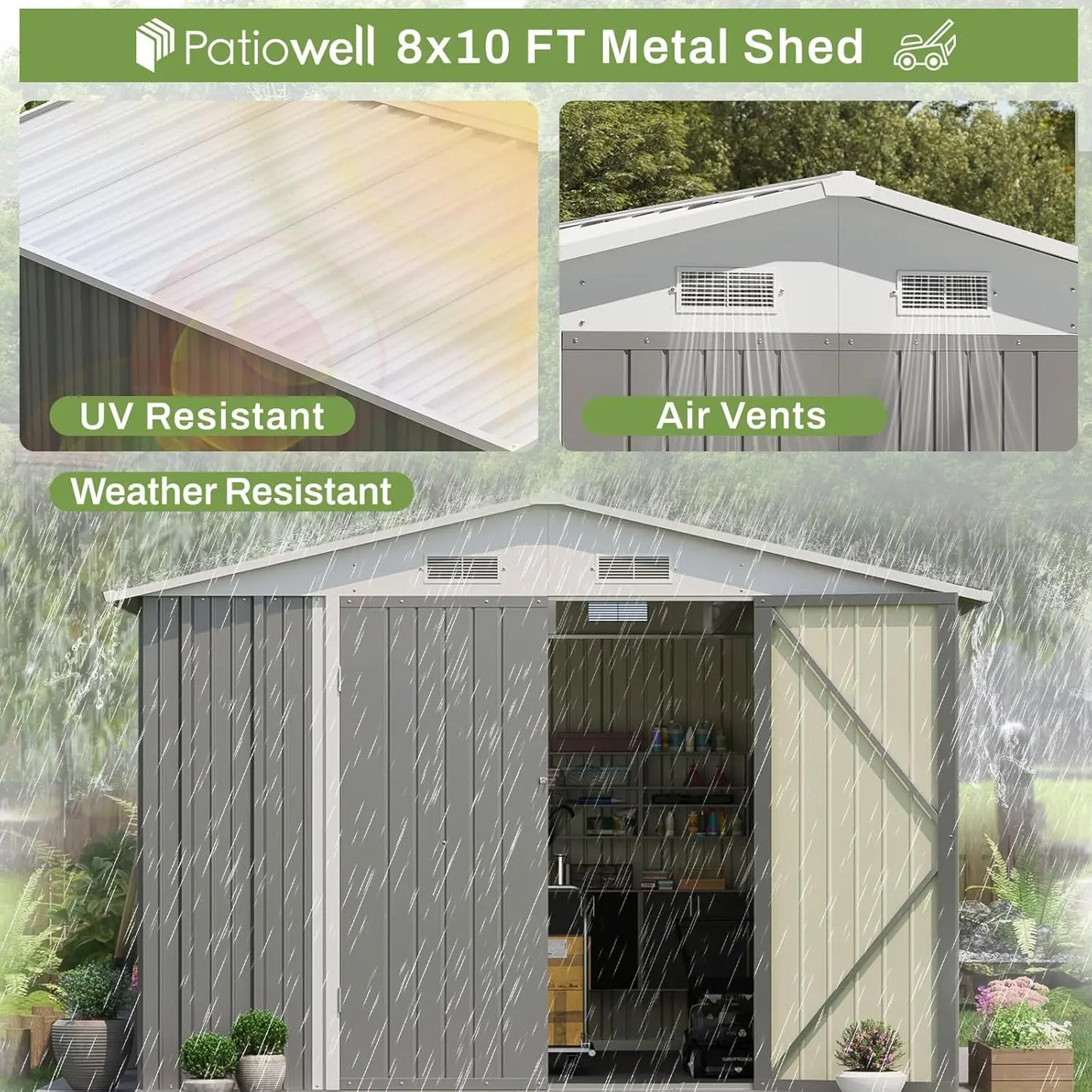 8x10FT Outdoor Storage Shed Metal Sloping Roof Double Lockable Door Backyard Garden Patio Lawn Tool Custom