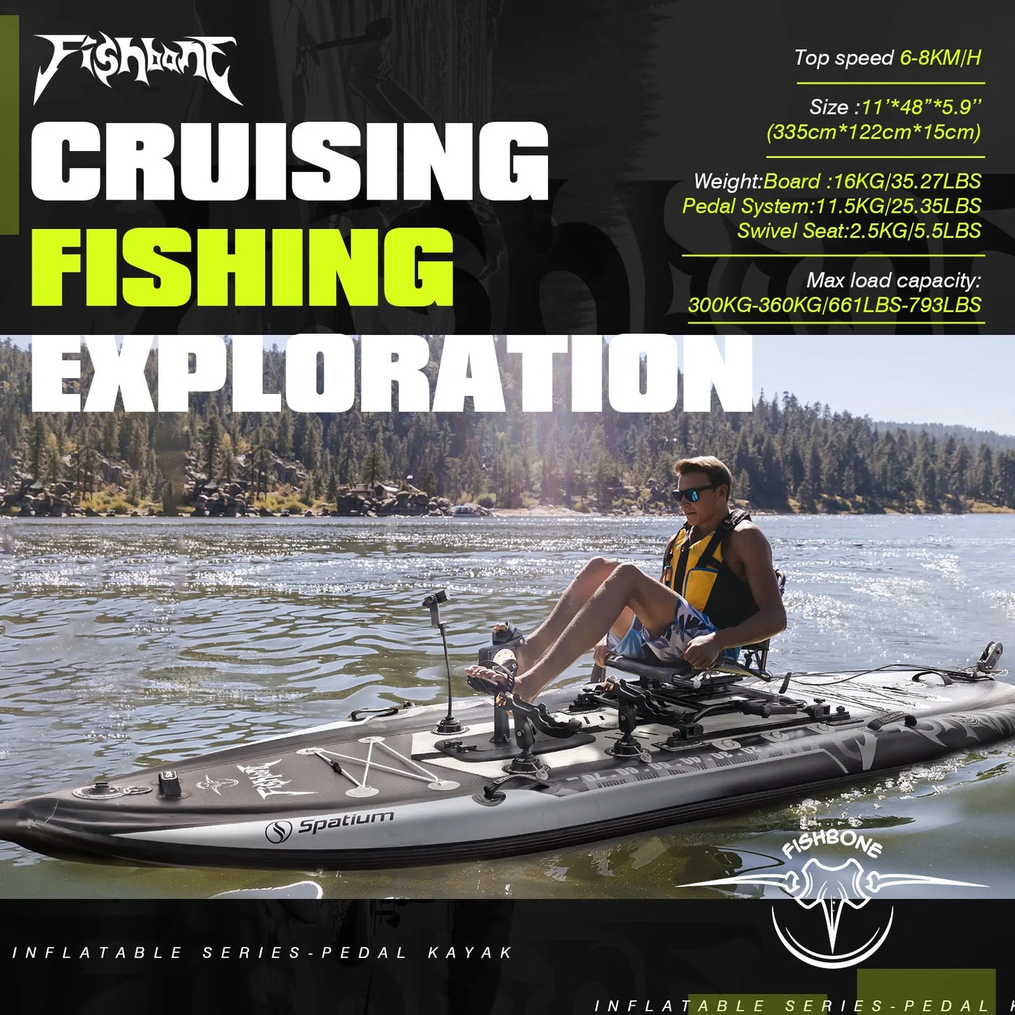 Spatium Fishing Kayak Boat Pedal Drive Sit on Top Pedal Drive Kayak Power System Orientation System, 11'*48"*6",Capacity 660LBS