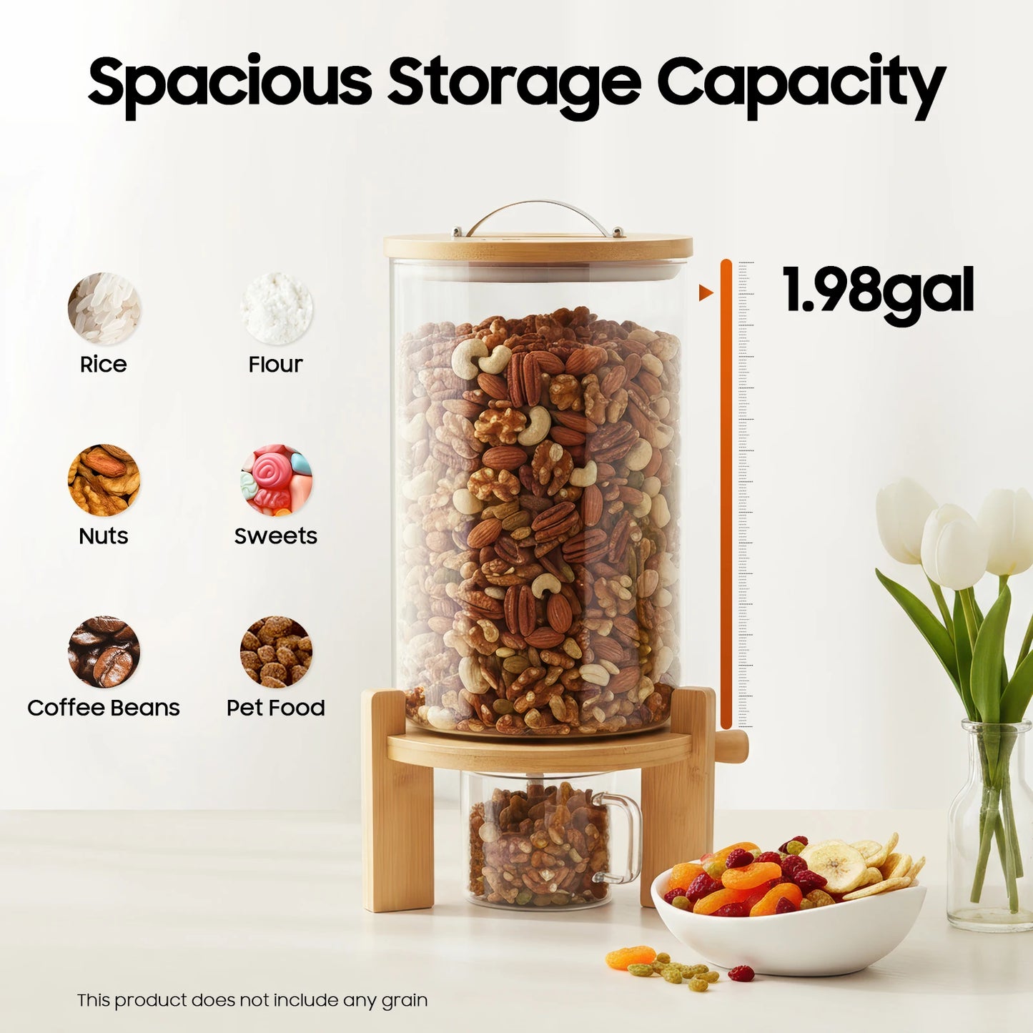 7.5L Cereal Dispenser  Grain Storage Container with Valve and Cup Leak Proof Airtight Food Dispenser for Rice Pasta Nuts