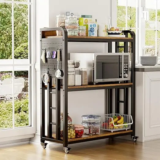 Kitchen Bakers Rack with Power Outlet,With pegboard Bakers Racks, Free Standing Kitchen Storage Shelf Rack, for Living Room, Din