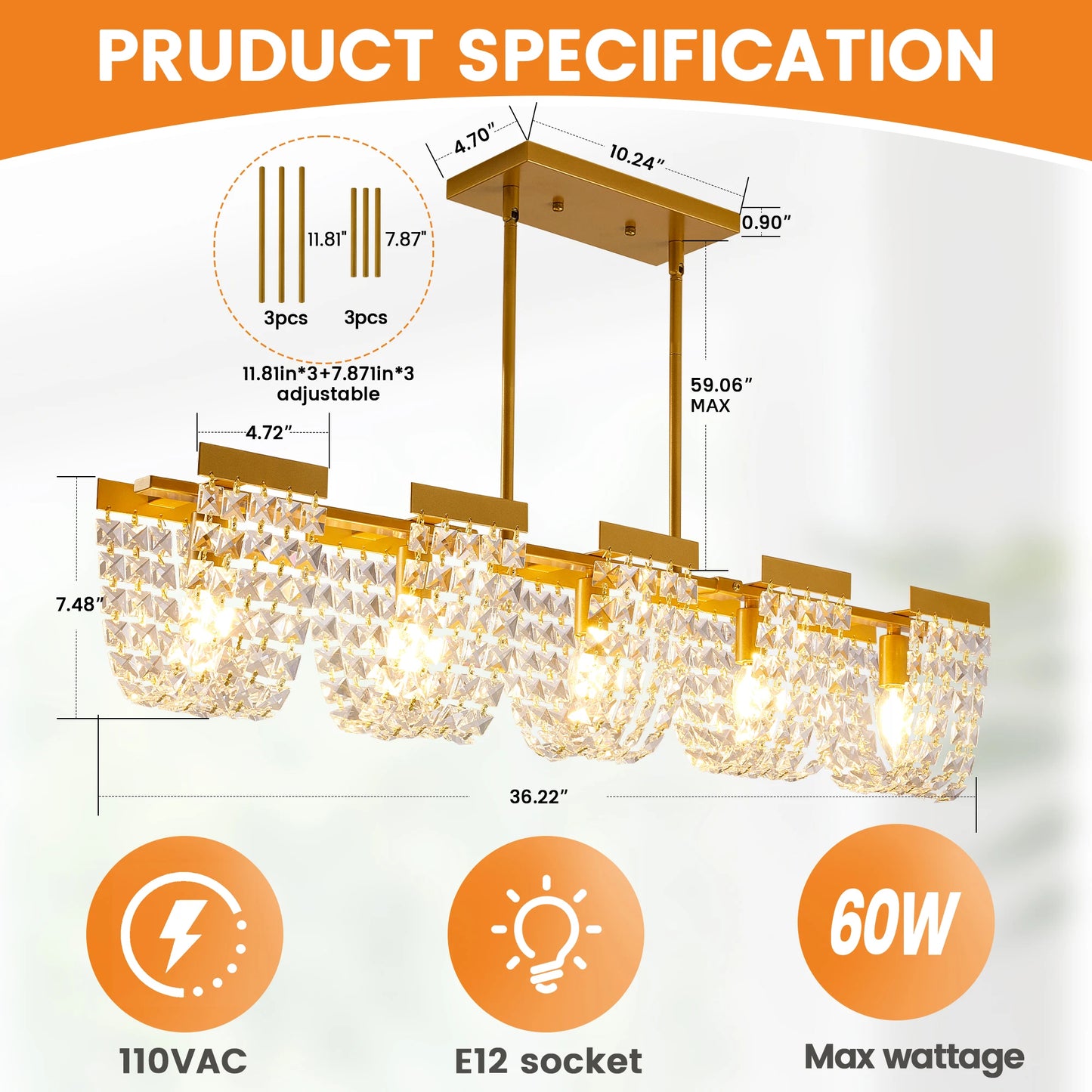 5-Light Luxury Gold Chandeliers for Living Room K9 Crystal Chandelier Fixture LED Lighting Decor for Bedroom Kitchen Island