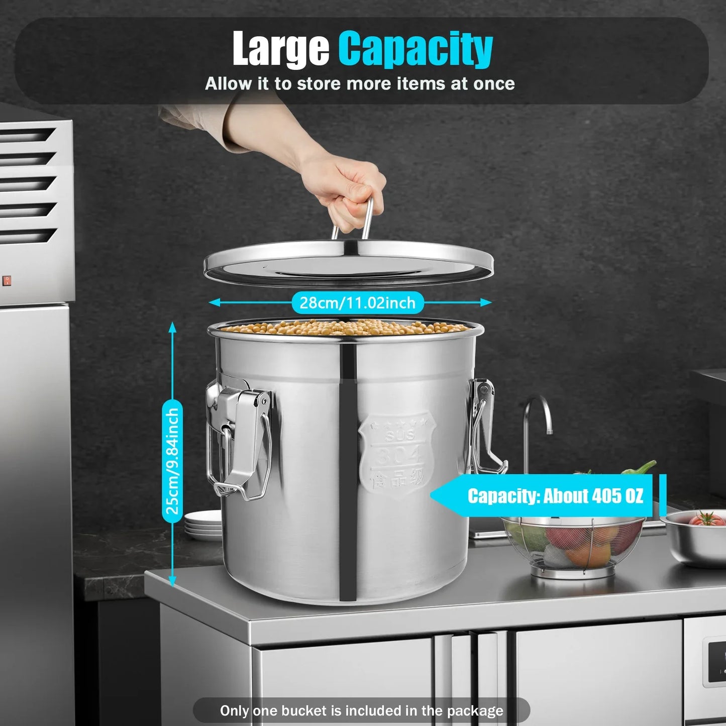 12/33L Airtight Canister 304 Stainless Steel, 3.2Gal Canisters Container w/Lids and Sturdy Locking Clamp,for Rice, Flour, Grain