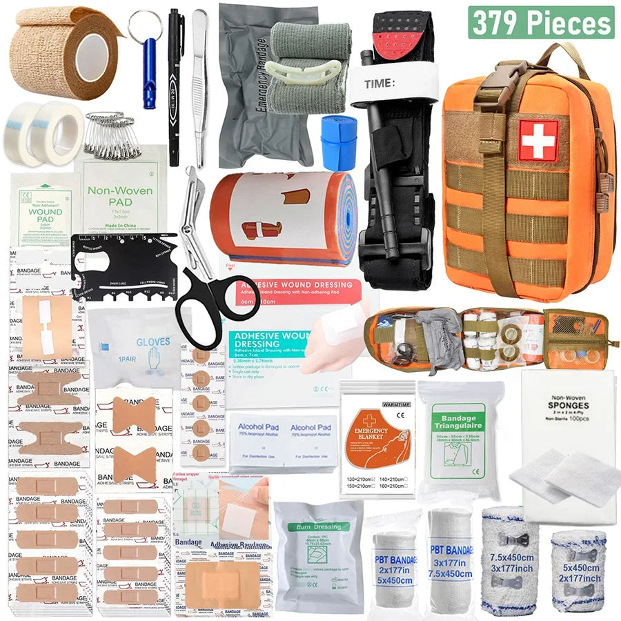 379pcs Home Office First Aid Kit Portable Emergency Bag, Red Survival Carry-On for Outdoor Activities, Camping, Hunting, Hiking