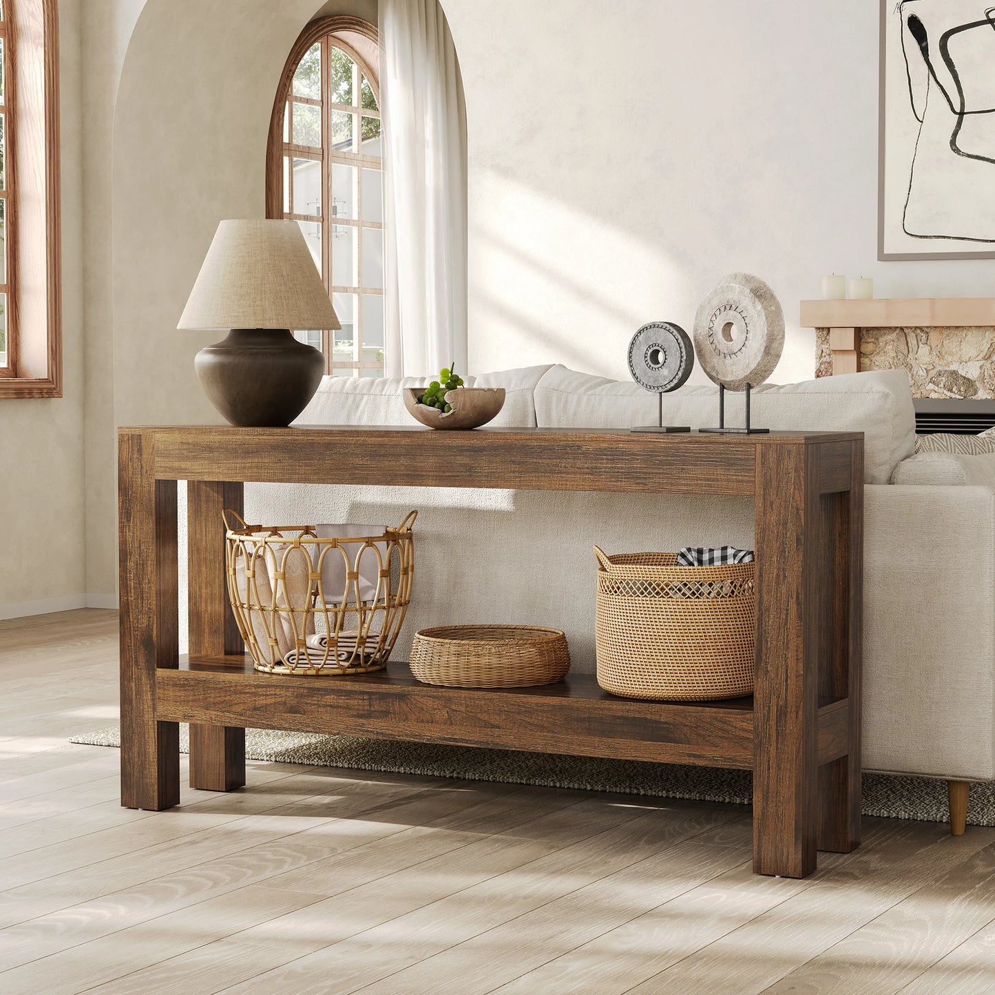 Tribesigns 63" Farmhouse Console Table with 2-Tier Shelves, Long Narrow Wood Entryway Table for Hallway & Living Room