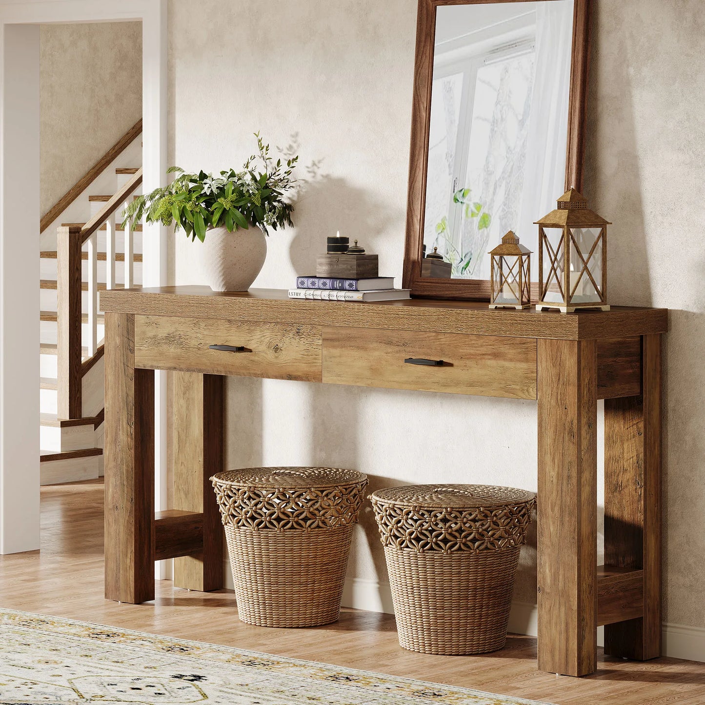Tribesigns 63" Console Table with 2 Drawers, Farmhouse Entryway Table with H-Shaped Sturdy Legs for Hallway, Living Room, Brown