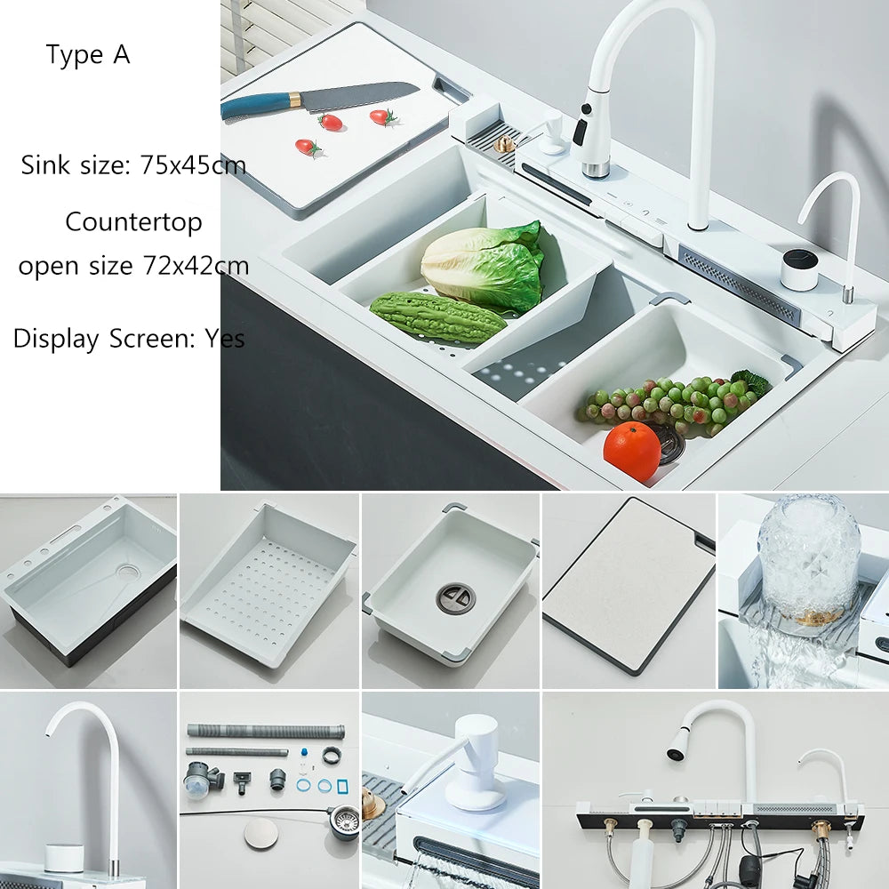 Brushed Golden Smart Digital Display Integrated Kitchen Sink Set Waterfall/Rainfall Water Purifier Soap Dispenser Cup Washer