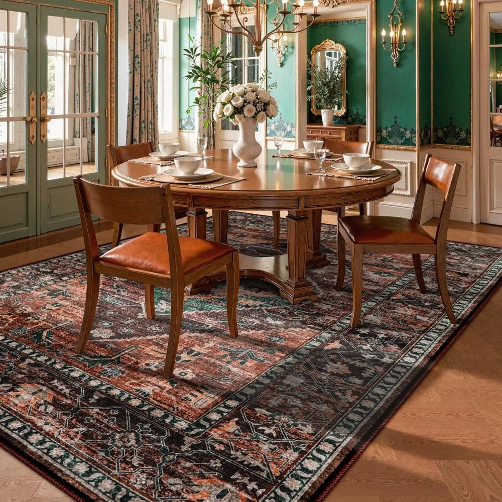 8x10 Ultra-Thin Living Room Rug (Non-Slip Washable Non-Shedding) (Oriental Vintage Distressed Carpet for Dining, Bedroom, Office