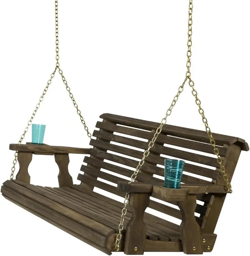 Amish Casual Heavy Duty 700 Lb Capacity Porch Swing with Cup Holders (4 Foot, Cedar Stain) – Wooden Outdoor Roll Back Swing