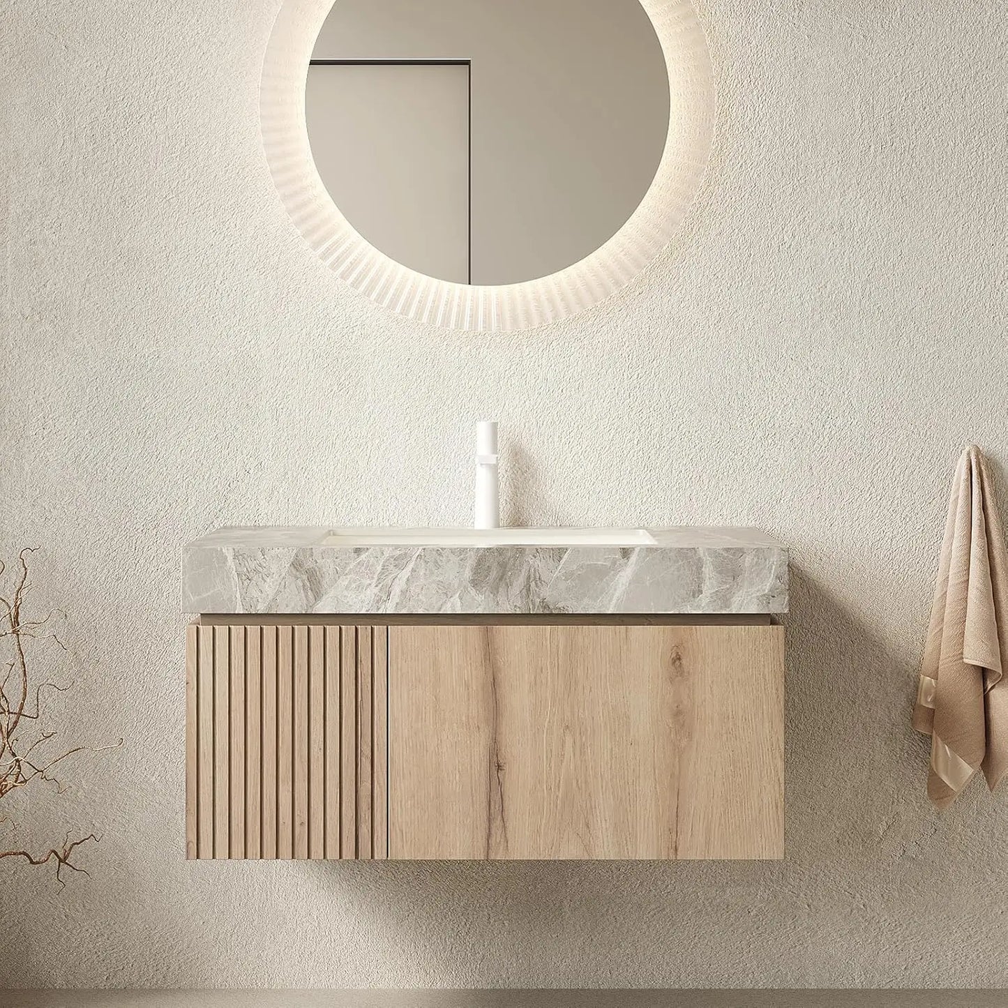 36in Wall Mounted Bathroom Vanity with Sink Ceramic Basin Travertine Countertop Storage Drawer Door Light Wood Customized