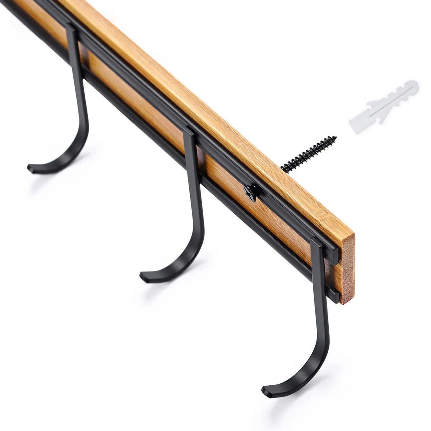 2PCS Wall Mounted Kitchen Utensil Hooks Set of 6 Black Metal Bamboo Decor Hangers Space Saving Organizer for Spoon Towel Key