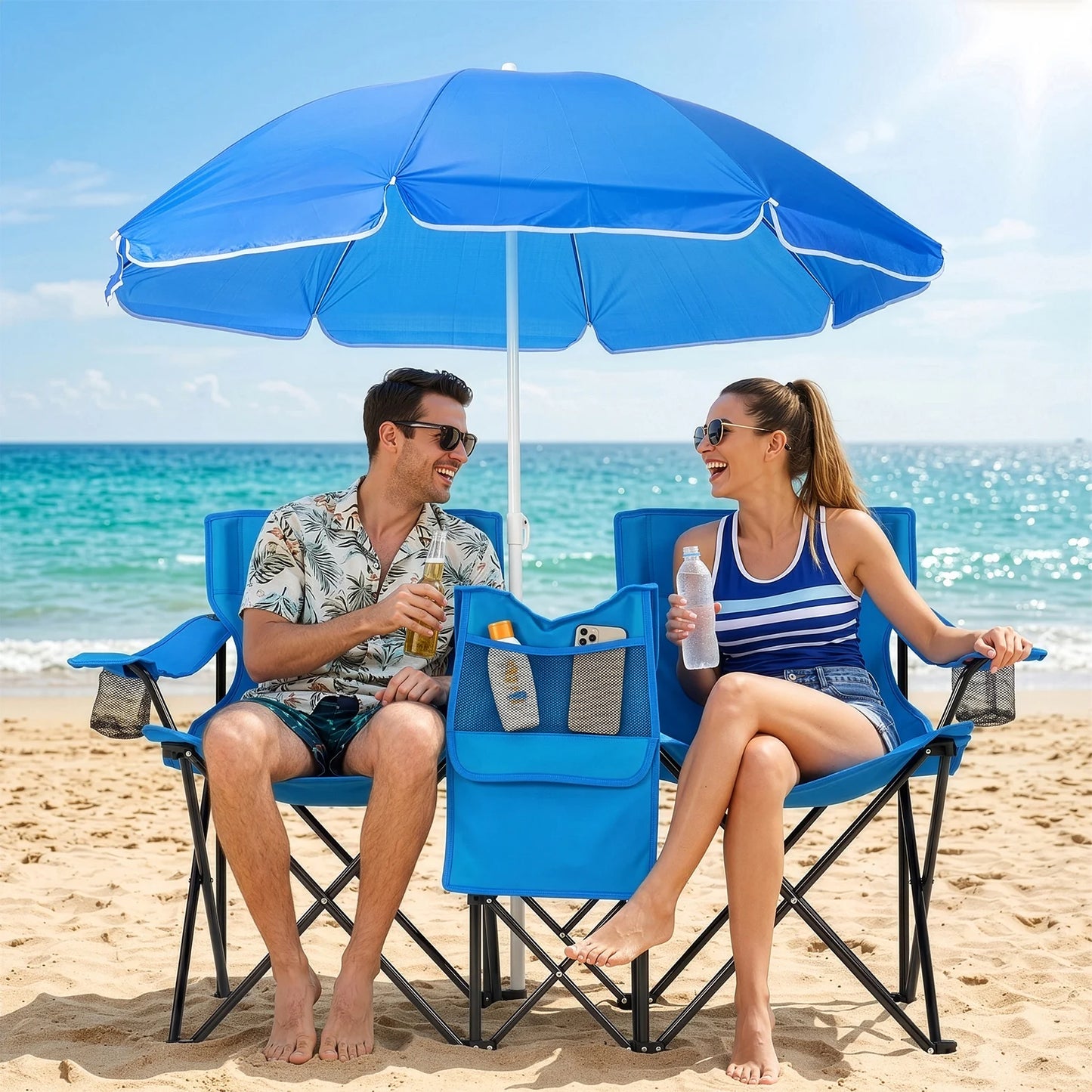 55.91"*19.69"*31.50"Double Folding Beach Chair with Removable Adjustable Umbrella, 2-Person XL Camping Chair with Cooler Bag, Cup Holders, Side Pocket, Heavy Duty 529 lbs Load, Oxford Cloth Iron Frame for Outdoor, Beach, Camp