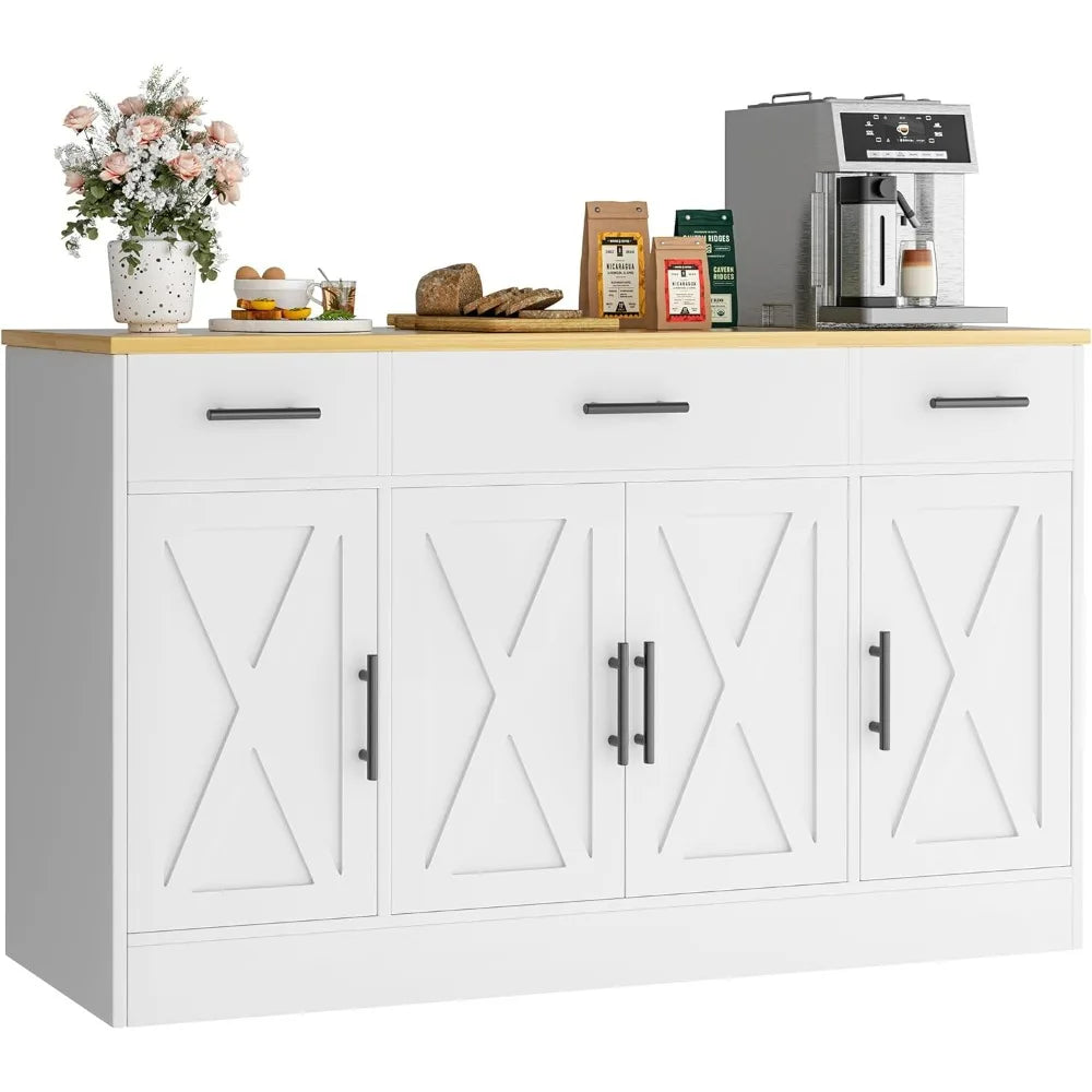 Vongrasig Farmhouse Buffet Cabinet Drawers Adjustable Shelves Large Sideboard Kitchen Dining Room Storage White