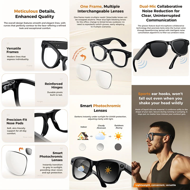 2026 New 3600mAh Large Battery Smart Glasses 8MP HD Camera Video Recording AI Photo Recognition Translation Voice Sunglasses Men
