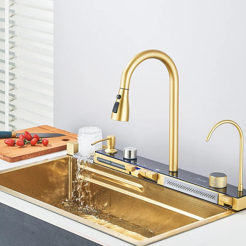Brushed Golden Smart Digital Display Integrated Kitchen Sink Set Waterfall/Rainfall Water Purifier Soap Dispenser Cup Washer