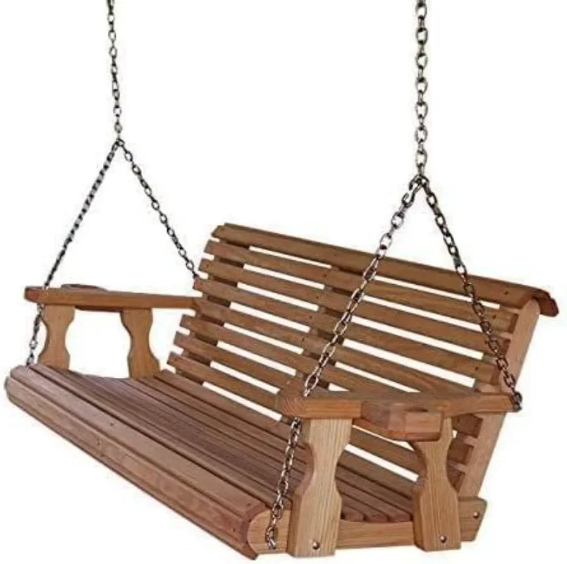 Amish Casual Heavy Duty 700 Lb Capacity Porch Swing with Cup Holders (4 Foot, Cedar Stain) – Wooden Outdoor Roll Back Swing