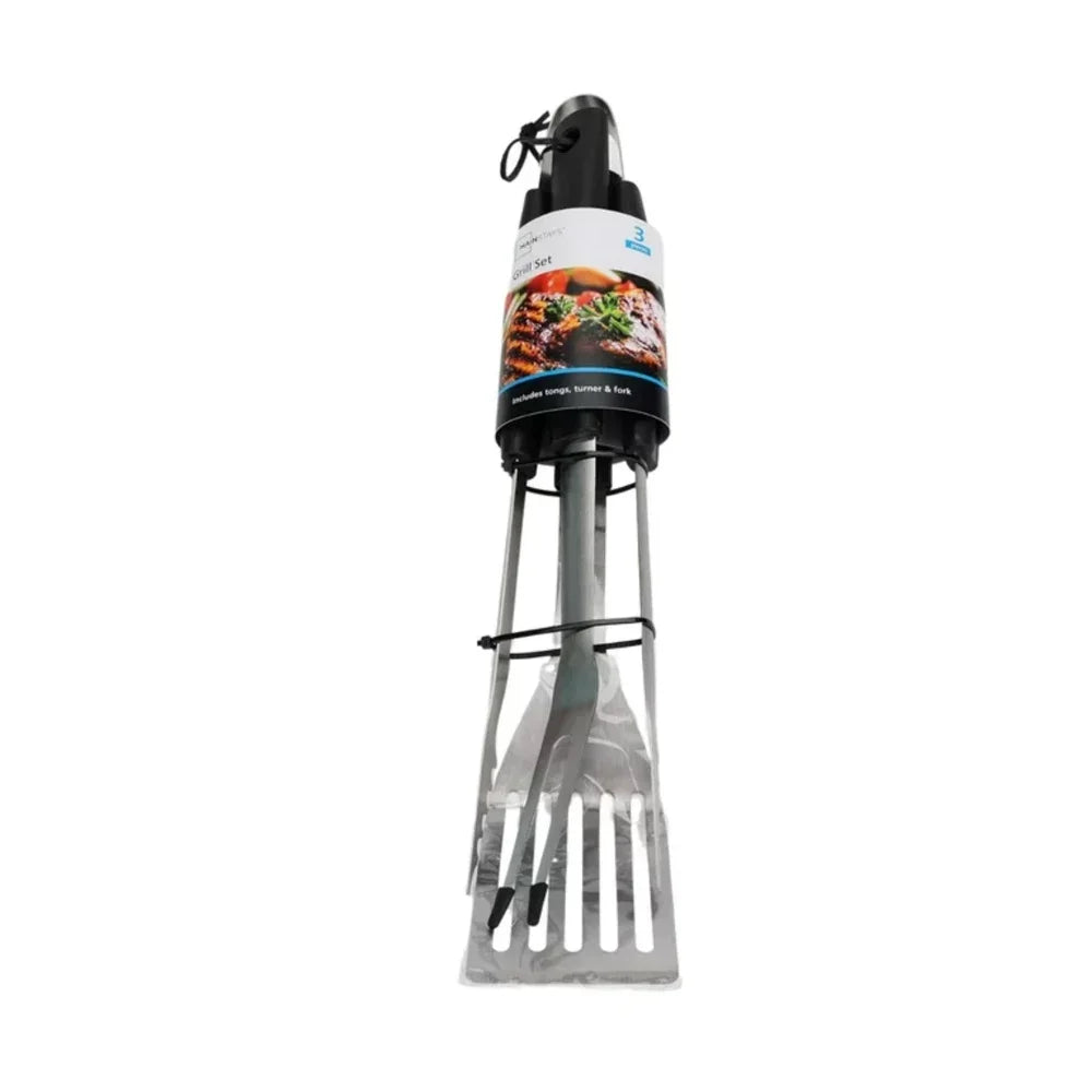 3 Piece Stainless Steel BBQ Grill Set Fork Tongs Spatula Durable Non Slip Handles Perfect Summer Cookouts