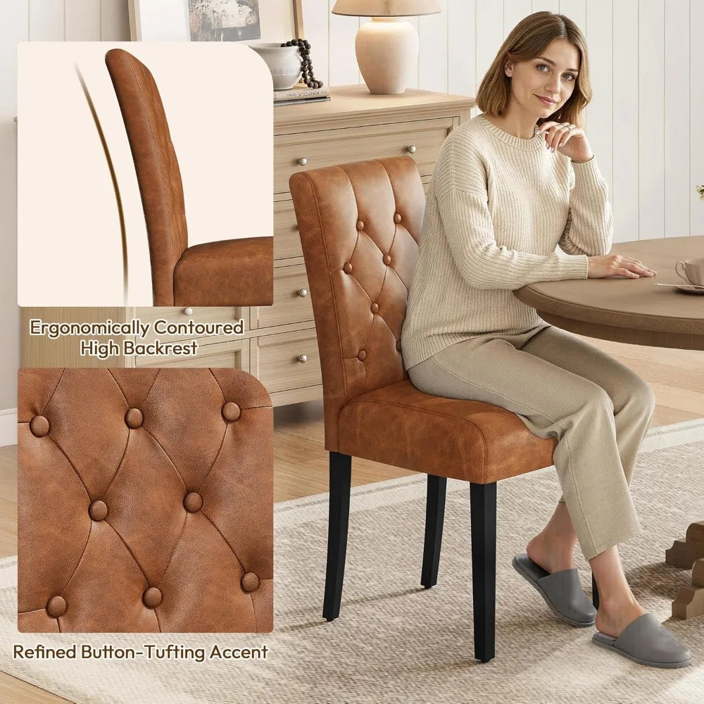 Set of 4 Modern Faux Leather Dining Chairs with Solid Wood Legs and Button Tufted Padding for Home Kitchen, Retro Brown