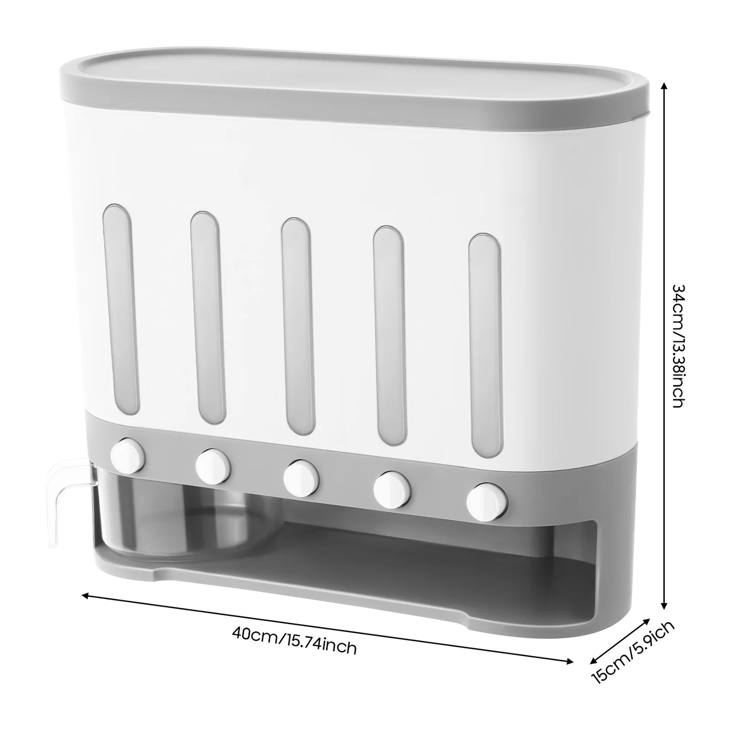 Dry Food Dispenser,Wall mounted 5 Grid Cereal Dispenser,Rice dispenser 20 pounds Kitchen Storage with Measuring Cup