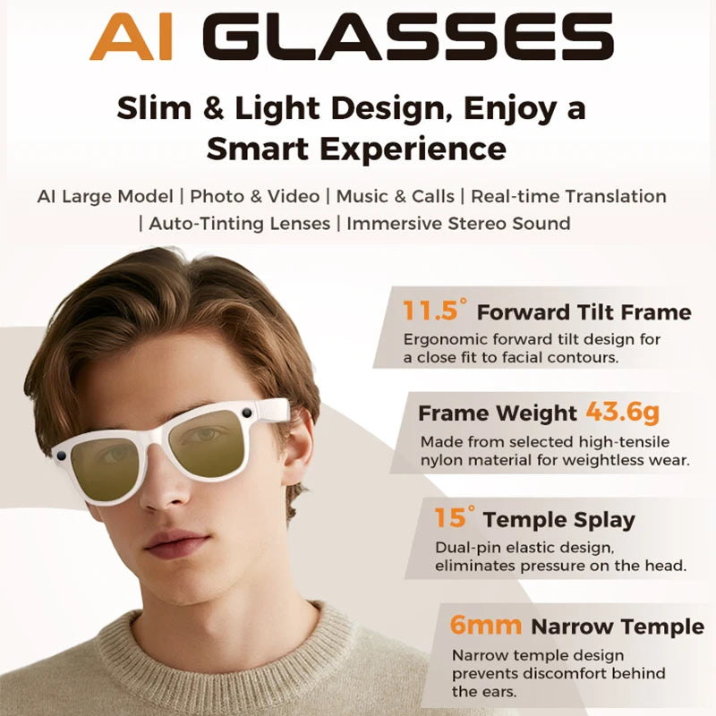 2026 New 3600mAh Large Battery Smart Glasses 8MP HD Camera Video Recording AI Photo Recognition Translation Voice Sunglasses Men
