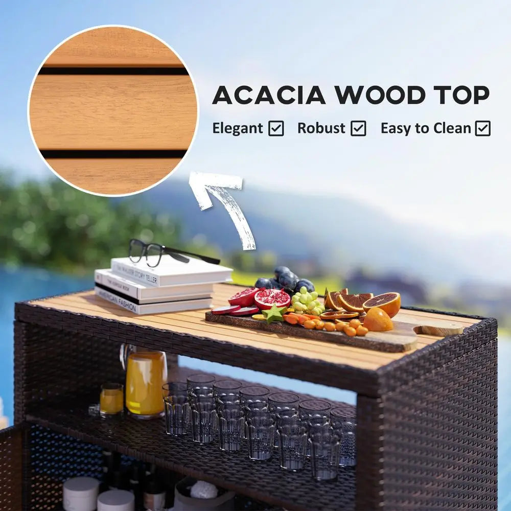 Wicker Outdoor Storage Cabinet, Rattan Bar Table with Acacia Wood Countertop, 2 Doors and Shelf, Buffet Cabinet Sideboard for P