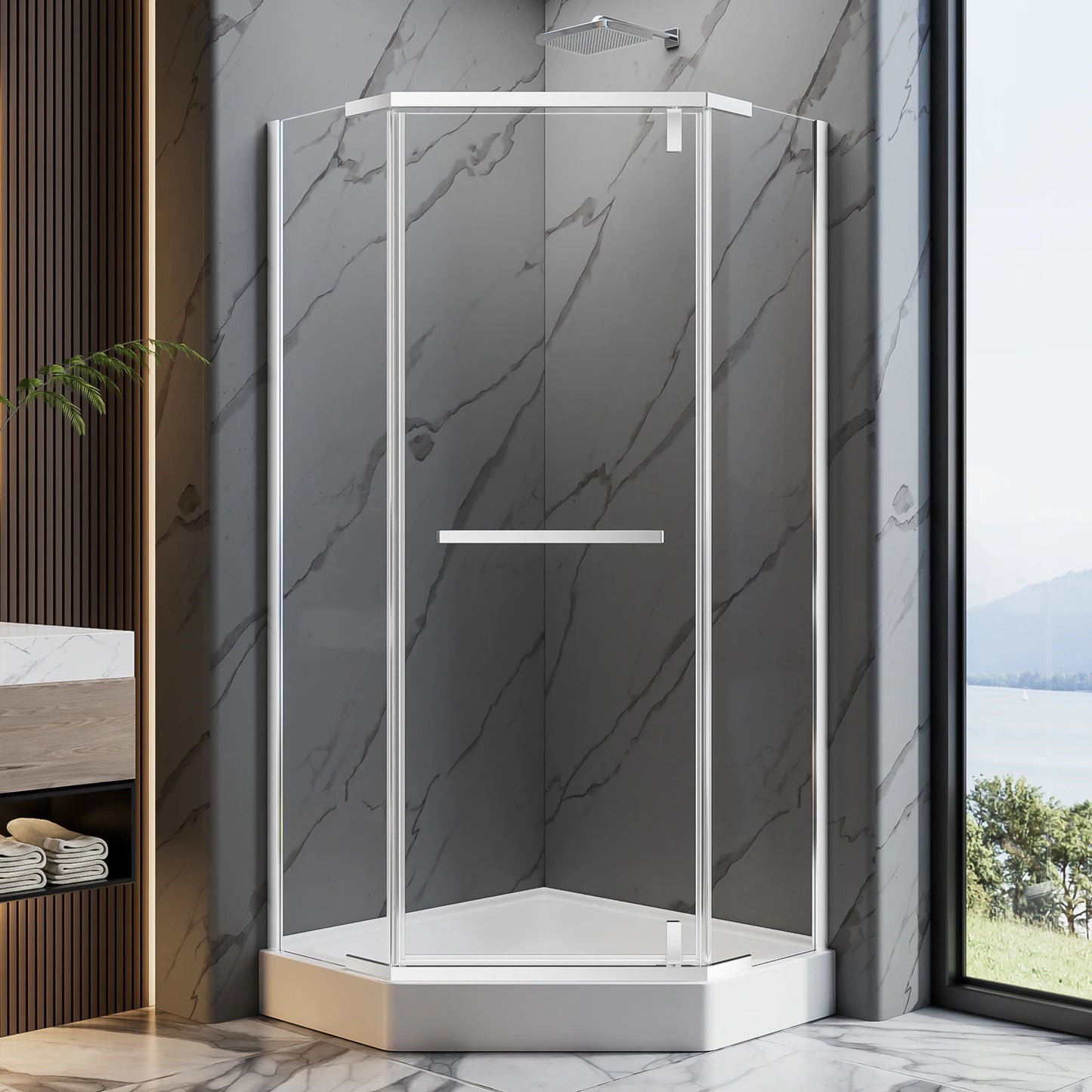 36"D x 36"W x 72"H Neo-Angle Shower Door, 1/4" SGCC Tempered Glass with Explosion-Proof Film, Chrome Stainless Steel Frame