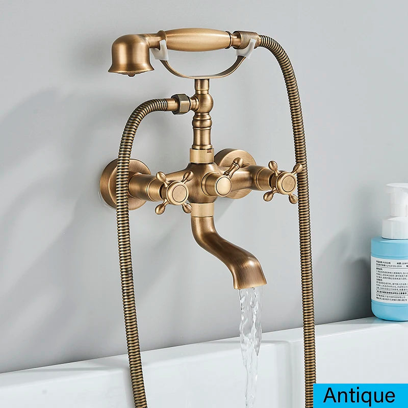 Bathroom Bathtub Faucet Dual Handles Handheld with Hand Shower Bath Shower Mixer Tap Wall Mount Swivel Spout Tub Retro Faucet