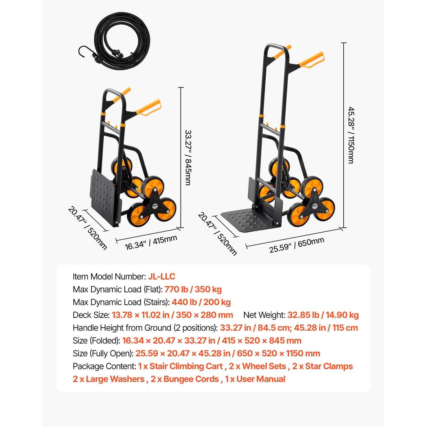 SucceBuy 440/770 lbs Folding Hand Truck Dolly with 6 Wheels & 2 Elastic Ropes Stair Climbing Cart for Shopping Moving Warehouse