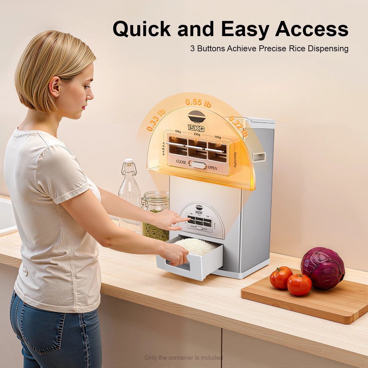 Smart Rice Dispenser 33LBS, One-Touch Grain Storage Container, Airtight Stainless Steel for Kitchen, Home & Restaurant