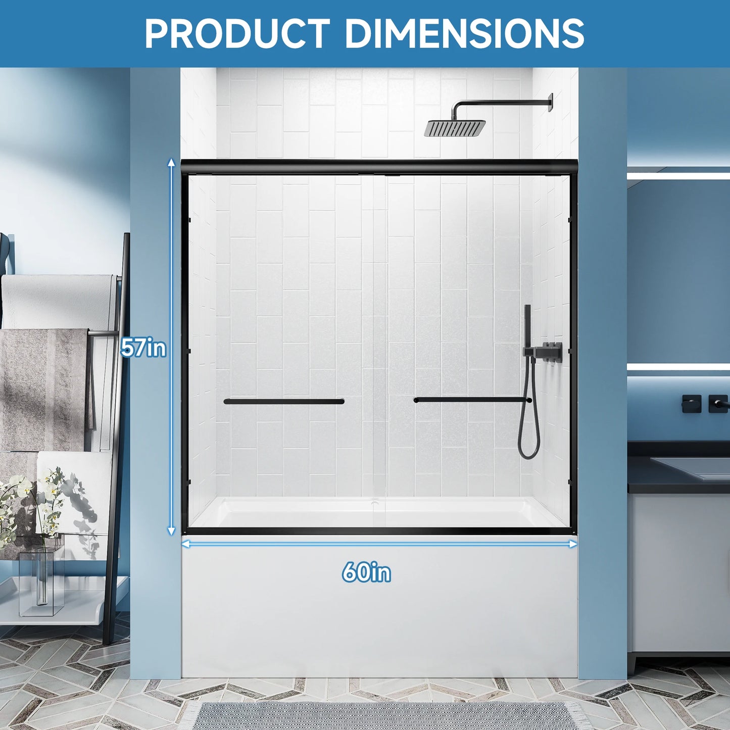 56-60"x57" H Tub Shower Door, Aluminum Frame Double Sliding Shower Door, 1/4"(6mm) Tempered Glass Bathroom Glass Sliding Door
