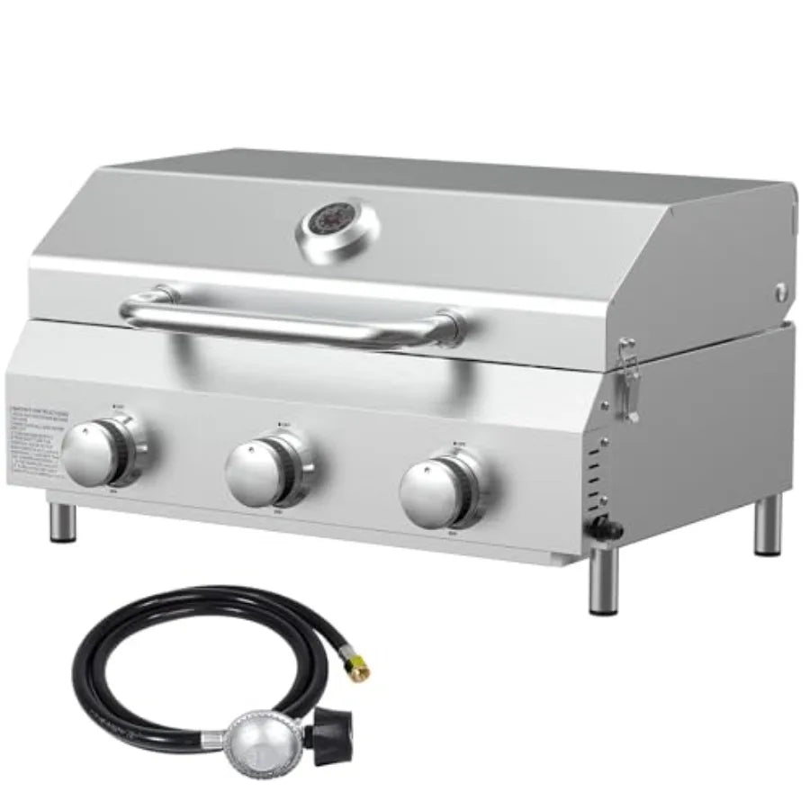 3-Burner Tabletop Gas Grill 30 000 BTU Portable Propane Grill with Heavy-Duty Thickened Stainless Steel Grates and Stainless St