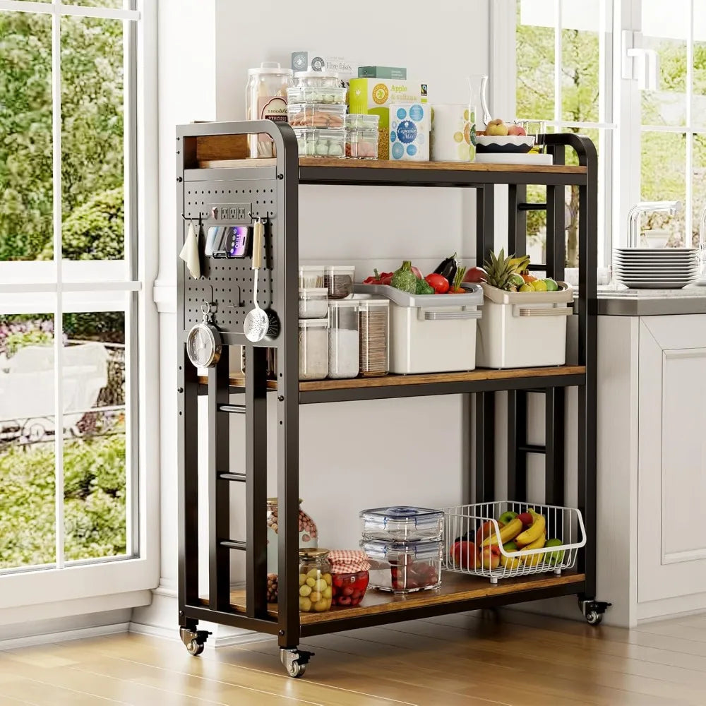 Kitchen Bakers Rack with Power Outlet,With pegboard Bakers Racks, Free Standing Kitchen Storage Shelf Rack, for Living Room, Din