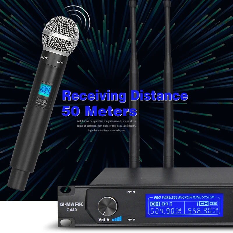 G-MARK Wireless Microphone System, 4 Channel Wireless Microphones with Rechargeable Handheld Mics, 250FT Range, UHF Metal Cordle