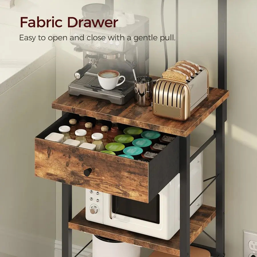 Rack with Drawer, Microwave Stand with Power Outlet, Coffee Bar Station with 4 Hooks, Kitchen Storage Shelf Rack 4 Tiers, for Ki