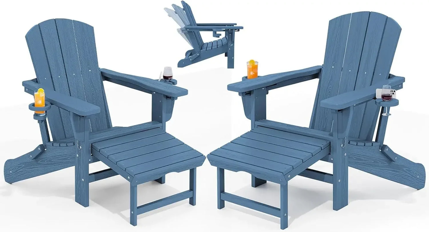 Folding Adjustable Adirondack Chairs with Ottoman & 2 Cup Holders Set of 2, HDEP Multifunctional Adirondack Chair with Footrest