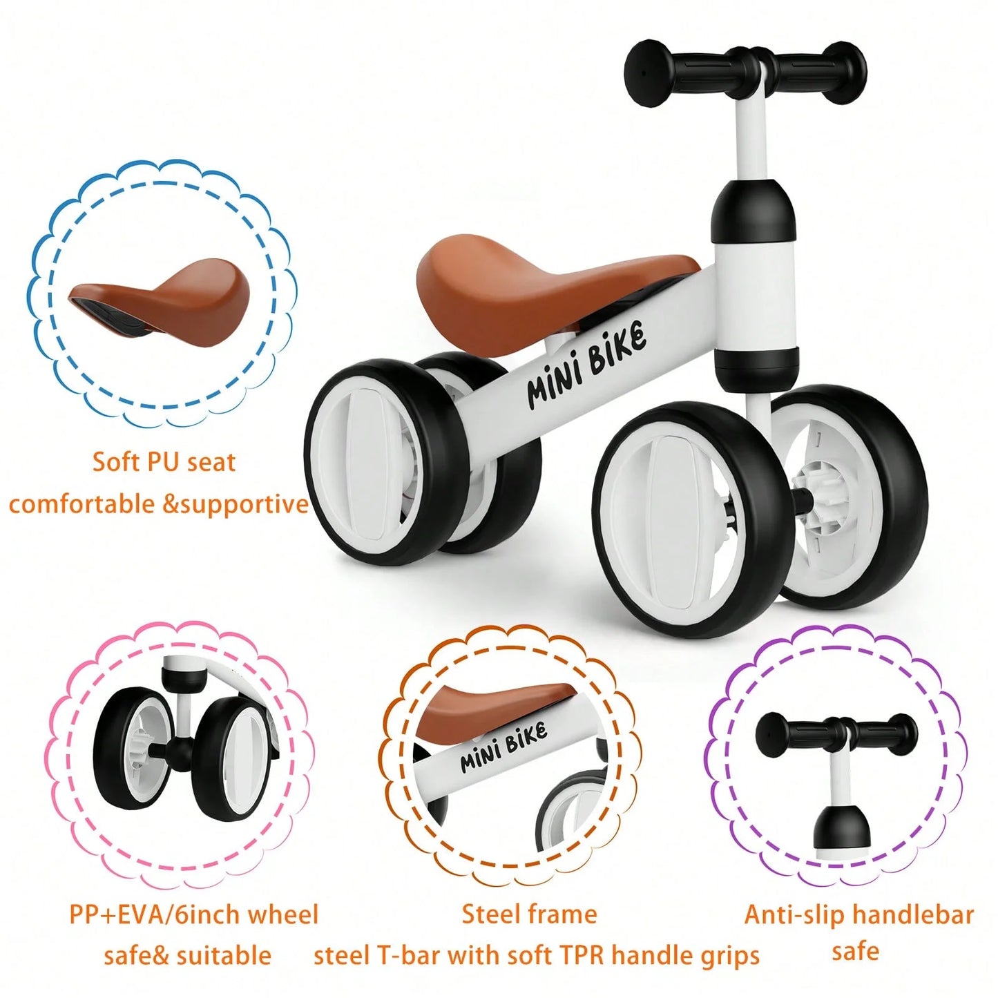 Toddler Balance Bike 10-24 Months | 4-Wheel No-Pedal Ride On Toy with 135° Steering,Anti-Rollover, Lightweight 3.3lbs, Silent Wheels for Baby Boys Girls
