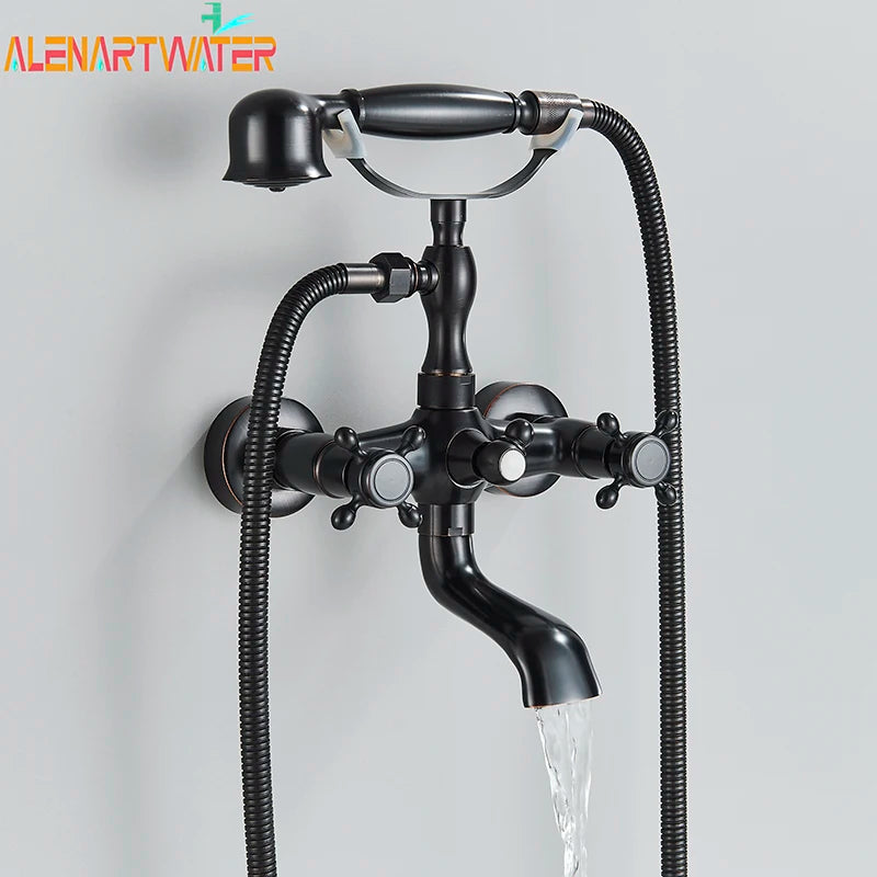 Bathroom Bathtub Faucet Dual Handles Handheld with Hand Shower Bath Shower Mixer Tap Wall Mount Swivel Spout Tub Retro Faucet